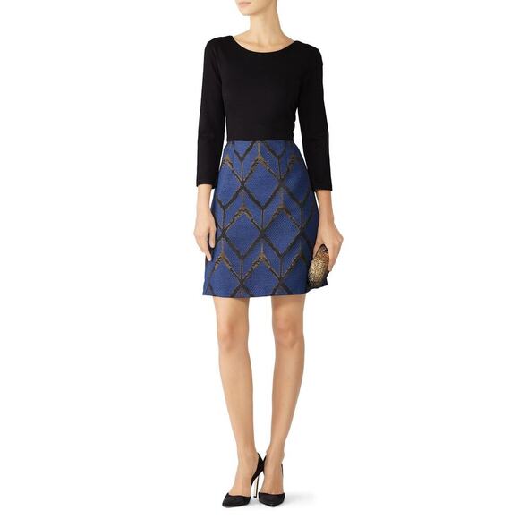 Slate & Willow Women's Blue Metallic Jacquard Crew Neckline Mini Dress Size 8 - Picture 1 of 11